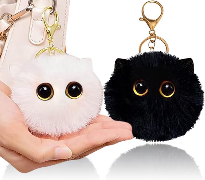 2pcs Black Cat Keychain Gifts for Cat Lovers, Cute Plush Backpack Charms for Girls, Pom Pom Car Plush Keychains, Accessories for Handbags, Backpacks and Wallets, Gifts for Women