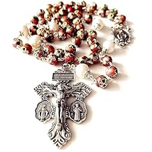 elegantmedical Handmade NICE PINK CLOISONNE & 10mm Pearl BEADS ROSARY NECKLACE Italy Parden Cross Crucifix Catholic gift