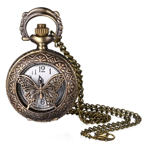 OIDEA Retro Pocket Watch with Chain: Vintage Bronze Hollow Butterfly Decoration Arabic Numerals Analog Quartz Pocket Watch Locket Sweater Clock Necklace Gifts for Men Women