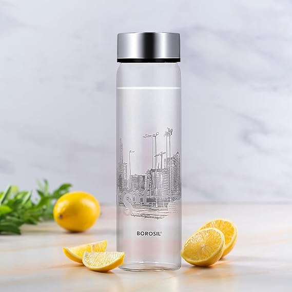 Silver-Lidded, Wide-Mouthed Roma Glass Bottle, 550ml by Borosil