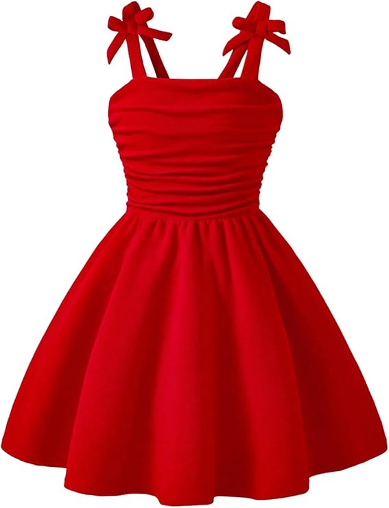 WDIRARA Girl's Bow Sleeveless A Line Mini Dress Ruched Ruffle Swing Cami Dresses