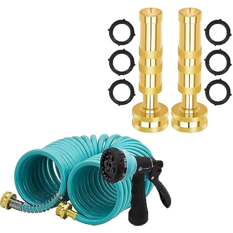 AUTOMAN EVA Recoil Garden Hose 25ft - Includes 7 Pattern Spray Nozzle & Brass Hose Nozzle High Pressure Jet Nozzles 2 Pack, Heavy Duty Sprayer for Garden Hoses, Adjustable Spray Gun, Solid Twist Wat
