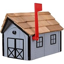 Amish Cedar Roof Wooden Mailbox with Window & Door Trim (Light Gray with Black Trim)