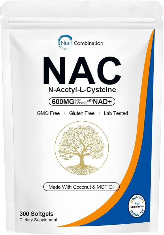 NAC 600 mg and NAD+ Organic Nac Supplement N-Acetyl Cysteine Capsules | Coconut Oil, Vegan, Non-GMO, Gluten Free, 300 Softgels