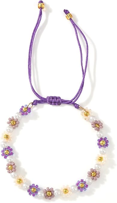 Disney Colorful Flower Pearl Glass Beaded Bracelets for Women,Adjustable Handmade Lucky Rope Boho Floral Summer Beach surfer Cute Friendship Birthday Gifts