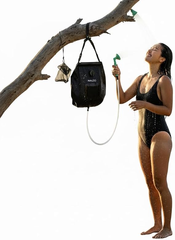 Maloo Portable 5 Gallon Solar Shower Bag with Temperature Gauge Camping Shower with Adjustable Flow Nozzle, 19L Outdoor Water Bag, Includes Toiletry Pouch & Storage Bag