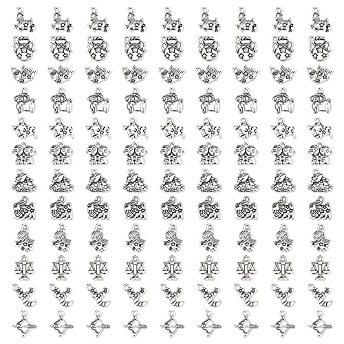 JIALEEY Zodiac Sign Charms Smooth Tibetan Silver Metal Horoscope Charms Pendants DIY for Necklace Bracelet Jewelry Making and Crafting, 9 Sets 108 PCS
