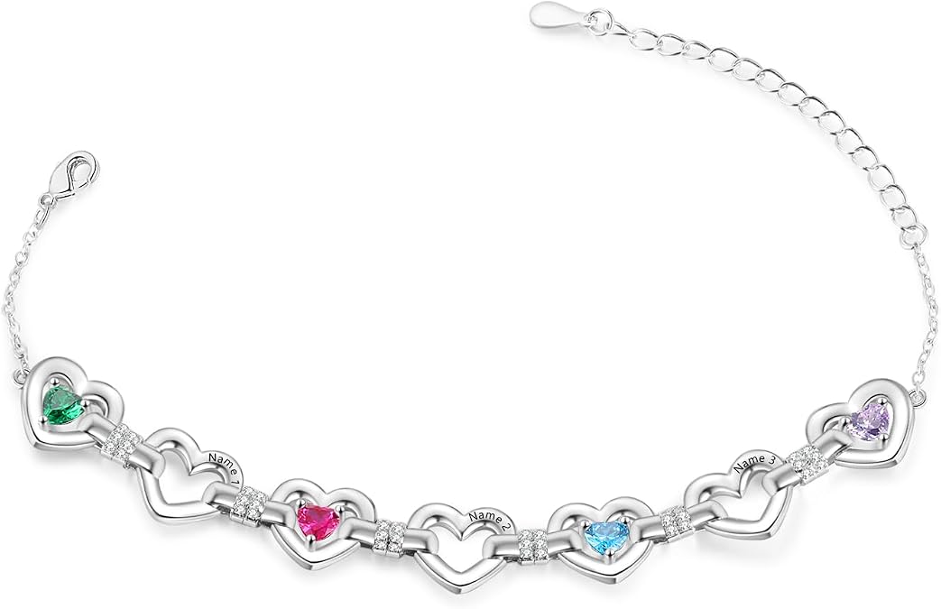 Jeweidea Personalized Birthstone Bracelet for Women, Custom 25 Birthstones with 14 Engraved Names, Heart Link Jewelry Gift for Mom Wife