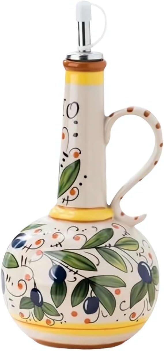 23oz Ceramic Olive Oil Dispenser Bottle, Hand Painted, Decorative Stoneware Cruet for Kitchen With Stainless Steel Spout for Oils, Sauces, Vinegar