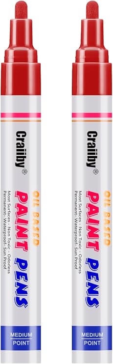 Red Paint Markers, 2 Pack Oil-Based Waterproof Quick Dry Permanent Paint Pen Set for Rocks Painting, Wood, Fabric, Plastic, Canvas, Glass, Mugs, Metal, Tire, Stone, DIY Craft