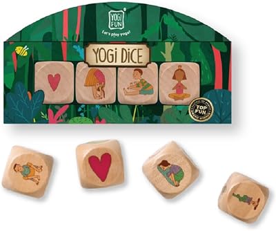 YOGi FUN Yoga Dice Game 4 Wooden Dice with 18 Yoga Poses and Instruction Die, Fun Movement Game for Kids Ages 5, Solo or Group Play, Classroom, ADHD, Emotional Physical Development Game for Kids