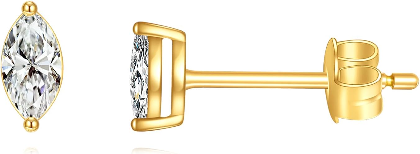 KECHO 14k Gold Marquise Earrings for Women Minimalist Cartilage Jewelry | Real Gold Marquise Stud Earrings Dainty Posts Jewelry