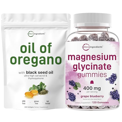 Micro Ingredients Magnesium Glycinate Gummies & Oil of Oregano Softgels | Bundle | Natural Grape Blueberry Flavor | Potent Elemental  Chelated Form | 4X Strength Carvacrol & Thymoquinone