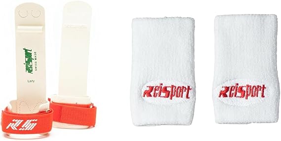 Reisport Women's Uneven Bar Grips, Durable Leather Grip with Hook & Loop Closure and Reisport Wristbands, White Gymnastics Wristbands, Unisex