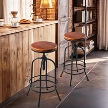 Industrial Bar Stool-26-32 Inch Adjustable Swivel Metal Wood Seat Stool Bar Height Bar Stool with Footrest-for Kitchen, Dining Side Chair, Pub, Bistro, Set of 2, Black