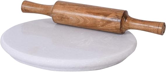 Marble Chakla With Wooden Belan for Kitchen | Roti and Chapati maker for Home 21.9 CM (White Marble With Wooden Belan), ASDRT-5324