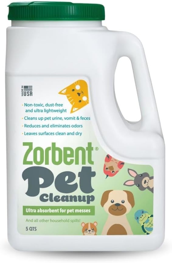 Zorbent Pet Accident Cleanup Odor Remover for Dog & Cat Messes. Absorbs 1 Gallon. Pet-Safe Cleaner for Urine, Vomit, Poop & Accidents on Hardwood, Tile, Vinyl, Concrete, Short Carpet & Rugs, 5 qt