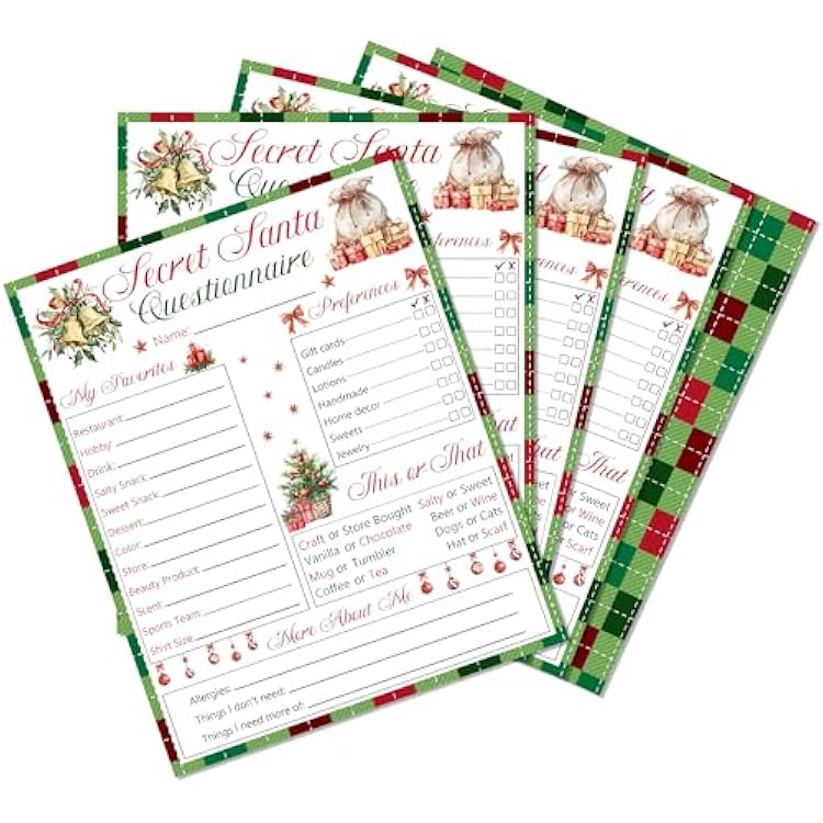 Secret Santa Questionnaire - Set of 20 Funny Christmas Game Cards for Holiday Party - Group Activities Xmas Party Game Supplies & Decor for Family, Adults & Teens Green Plaid - A03