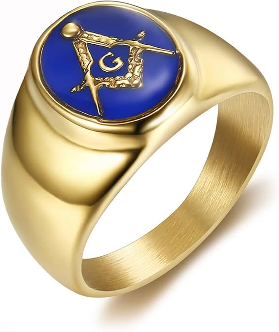 Men's Stainless Steel Gold Plated Freemason Masonic Rings Blue G Lodge Master Mason Signet Biker Band