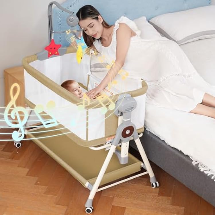 Baby Bassinet,Rocking Bassinet for Baby,3 in 1 Baby Bassinets Bedside Sleeper with Musical Toys,Bedside Bassinet for Baby with Storage Basket and Wheels,Adjustable Bedside Crib for Newborn Khaki