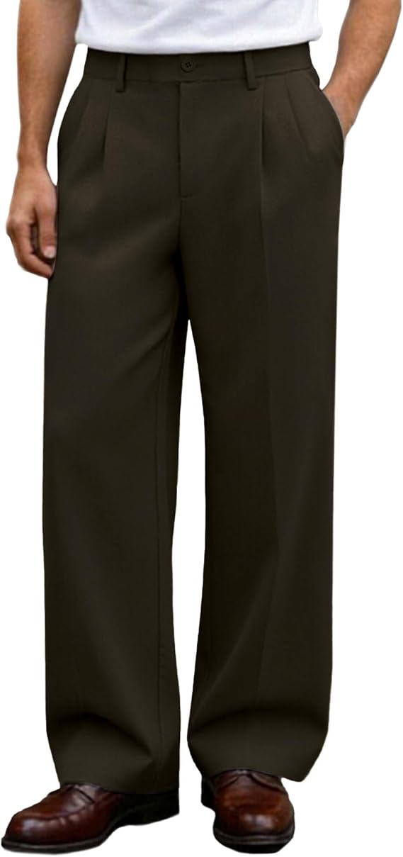 Susclude Mens Casual Dress Pants Old Money Pleated Baggy Wide Leg Slacks Vintage Stylish Relaxed Fit Work Trousers