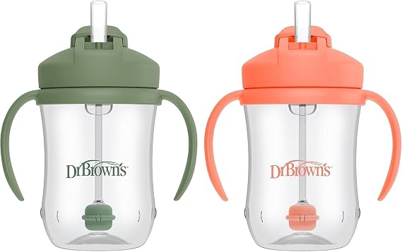 Dr. Brown's Milestones Baby's First Straw Cup,Training Cup with Weighted Straw,9 oz/270 mL,BPA-free,6m+,Coral/Olive Green,2 Count (Pack of 12)