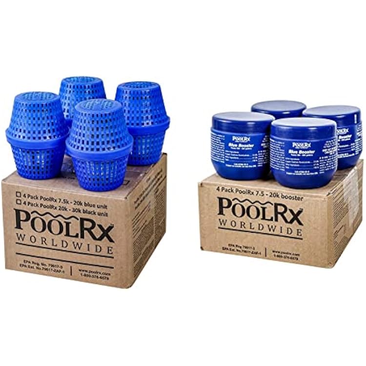 Pool RX 101003 Swimming Pool Algaecide, 4 Pack, Blue & PoolRx Booster Minerals for Pool, 7500 to 20000 gallons,4 Pack