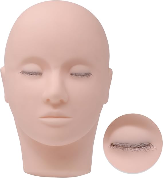 Lash Mannequin Head with 3 Lash Layers, Practice Training Manikin for Makeup and Eyelash Extensions, Soft-Touch Silicone Rubber Flat Doll Head