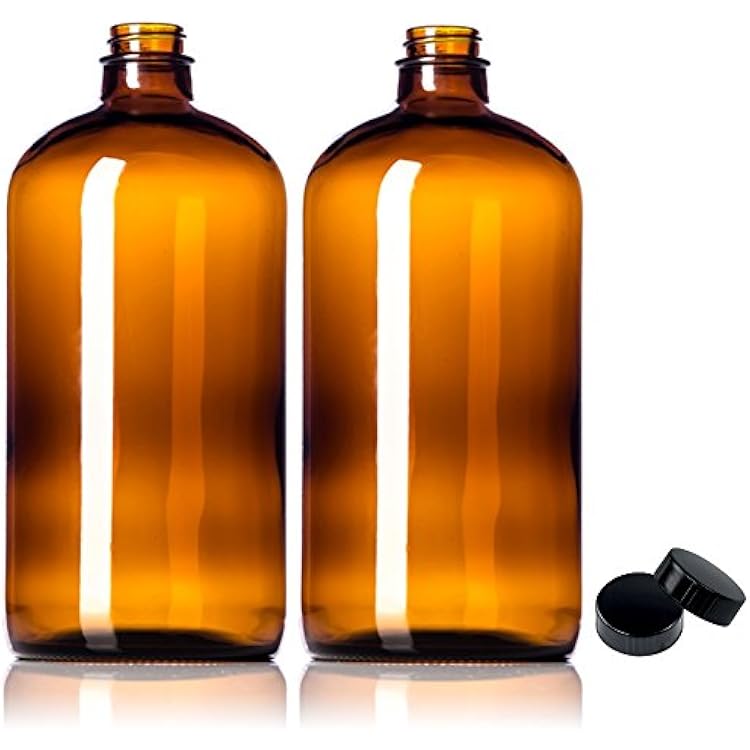 Sallys Organics 32oz Amber Glass Bottles - 2 Pack with USA-Made Tight Seal Lids - Quart-Sized Brown Glass Growlers for Beer, Kombucha, and Juice Storage