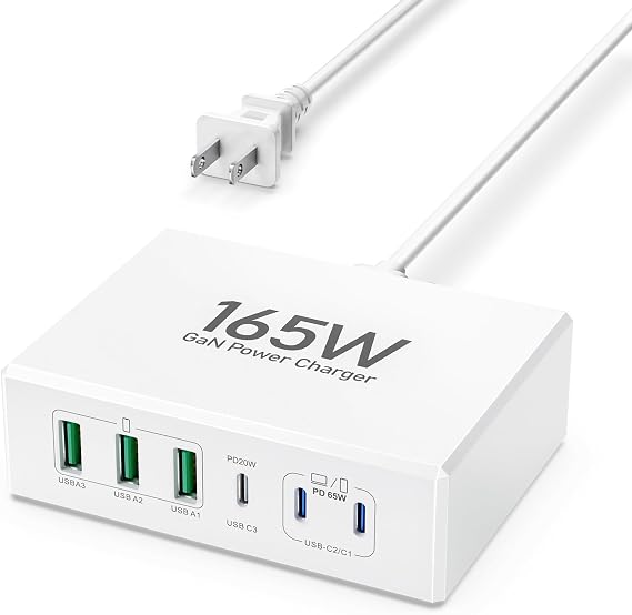 USB C Charger Block,165W GaN 6 Port PD3.0 and QC Wall Charger Power Adapter Plug Cube,Compact Fast Desk Charging Station Hub for iPhone 17 16 15 14 13 Pro Max PD 65W Laptop Charger for MacBook Air Pro