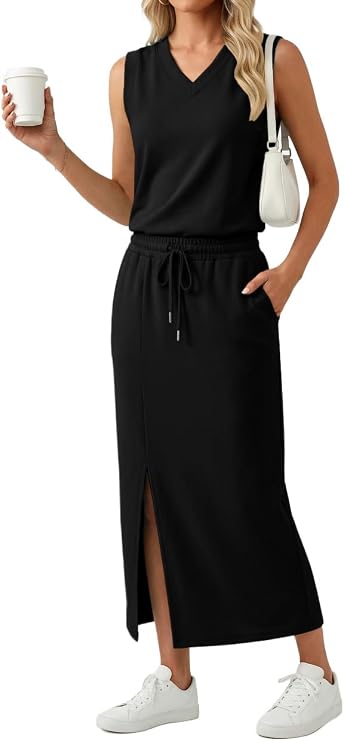 GRECERELLE 2026 Casual 2 Piece Sets For Women Summer V Neck Wrinkle-Free Sleeveless Top Side Slit Maxi Skirt With Pockets