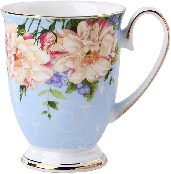 Rose Garden Fine Bone China Mug Bone Porcelain Classic Breakfast Cup Euro Style Art Tea Cup Coffee Mug For Breakfast Home Kitchen (Blue mood)