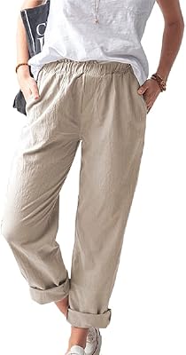 WROLEM Womens Straight Pants Elastic Waist Casual Trousers Pants with Pockets