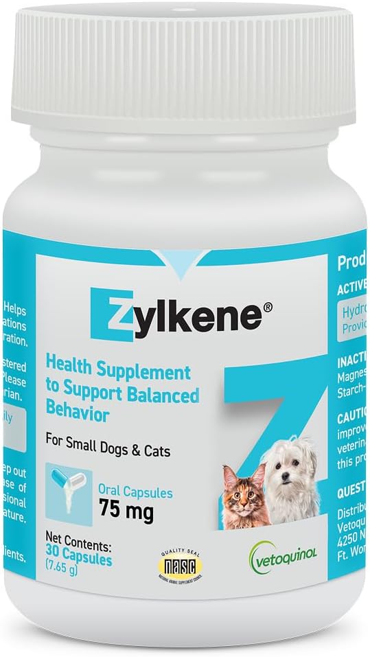 Vetoquinol Zylkene - Calming Oral Capsule for Small Cats & Dogs 1122 lb - For Behavior & Occasional Anxiety - Perfect for Boarding, Vet Visits & Celebrations - Non-Drowsy & Lactose-Free - 30 Capsules