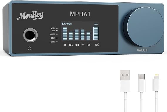Moukey Headphone Amplifier DAC -Coaxial/RCA/ 6.35mm,1/4'' Headphone Output(with 1/8" to 1/4" Adapter) for Phone/PC/Compuer,OLED Display Screen to Show 5-Segment EQ Adjustment- MPHA1