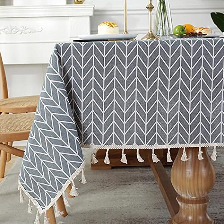 Rustic Stitching Tassel Square Tablecloth Cotton Linen Heavy Weight Striped Table Cloth Kitchen Dinning Room Tabletop Decoration -55 x 55"