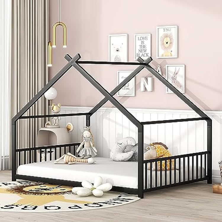 Wooden Twin Size House Bed Frame with Trundle and Storage Shelf,Playhouse Design Montessori Bed WRoof & Pine Wood-Frame,No Spring Needed,for Kids Teens Girls Boys,White