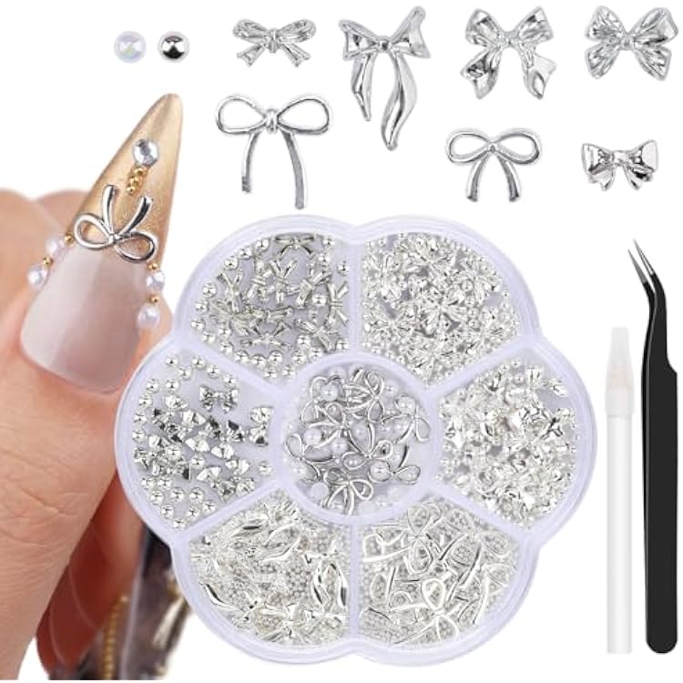 3D Metal Alloy Nail Bows Kit - Silver & Gold Bowknot Charms with 1-3mm Mini Caviar Beads, Tweezers, Pickup Pencil, Cute Nail Charms and Gems Jewelry in Petal-Shaped Box Silver-kit-1
