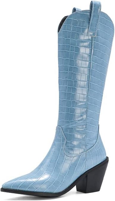 Cowboy Boots for Women Chunky Heel Cowgirl Boots Chunky Heel Embroidered Square Toe Pull on Wide Calf Boots (Color : Blue, Size : 6.5-7 US)