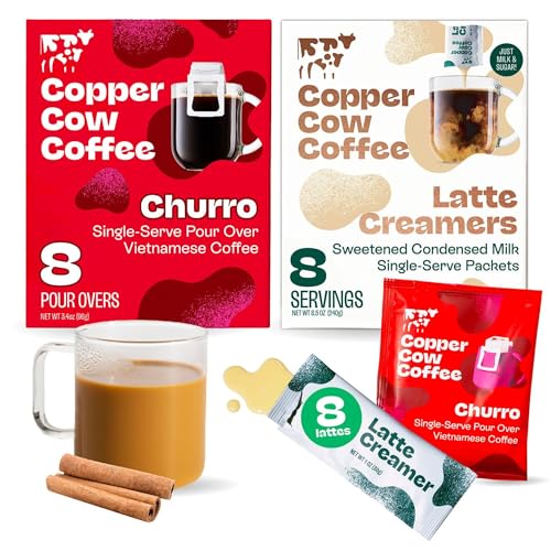Copper Cow Coffee Pour Over Vietnamese Coffee Pouches  Sweetened Condensed Milk Creamers 8 Coffees & 8 Milk Creamers | Churro Lattes, No Refrigeration Needed, Travel Friendly Ground Coffee
