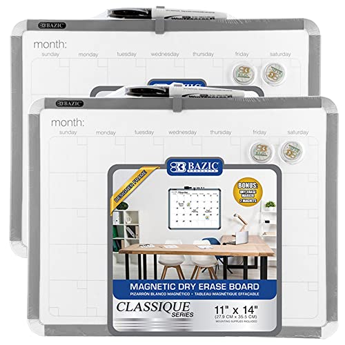 BAZIC Products Magnetic Dry Erase Board 11x14 Whiteboard, Dry Erase Marker and Magnet, for Teacher Office Home, 2-Pack