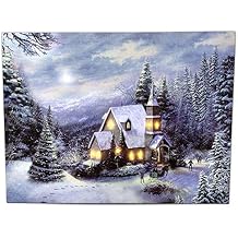 BANBERRY DESIGNS LED Lighted Church Christmas Canvas Wall Art, Winter Woodland Snowy Forest Print, Country Church Holiday Decor, Battery Operated Light Up Christmas Wall Picture, 11.75 x 15.75 Inch