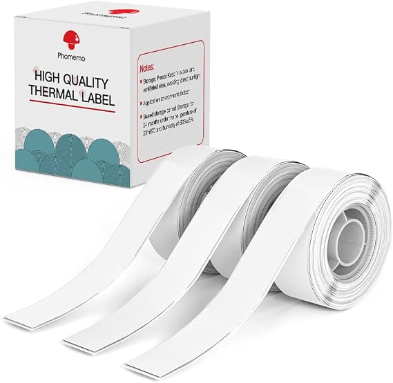 Phomemo D30 Label Maker - Black on White Continuous Label Tape, 0.55 inch Width, 15 x 6m Long, 3-Roll