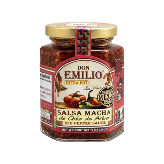 Don Emilio Hot Chili Arbol Salsa Macha - Premium 9 oz Jar | Artisanal Mexican Gourmet Topping, Crunchy Red Pepper Chili Oil (Single Unit 9 oz)