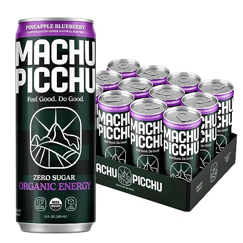 MACHU PICCHU Organic Energy Drink Sugar Free, Pineapple Blueberry Flavor Pack, 12 Fl oz Pack of 12 Organic Caffeine Energy Drink, No Preservatives