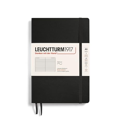 LEUCHTTURM1917 - Notebook Softcover Medium A5-123 Numbered Pages for Writing and Journaling (Ruled, Black)