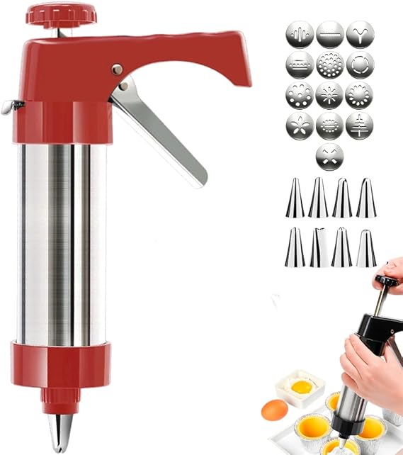 Stainless Steel Cookie Press Kit, 2026 New Spritz Cookie Press Gun Kit,13 Discs+8 Icing Nozzles Perfect for DIY Christmas Cookies and Decorating Cookies,Gifts for Wome (Red)