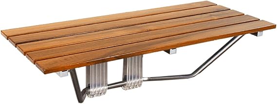36" Foldable Teak Wood Shower Seat Bench, 400 lb Capacity, (Seating Size: 35.5" W x 15.75" D), Clear-Coated for Extra Protection, Wall Mount Folding Bathroom Stool Chair, Modern Chrome