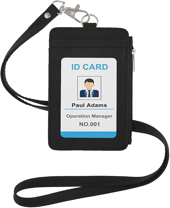 GOGO PU Leather ID Badge Holder with Side Zipper & Detachable Lanyard | PU Leather, Clear Id Window, 1 Front Slot, 3 Card Slots, Zipper Pocket, Detachable Lanyard With Metal J-Hook, 3.1X4.5 Inches