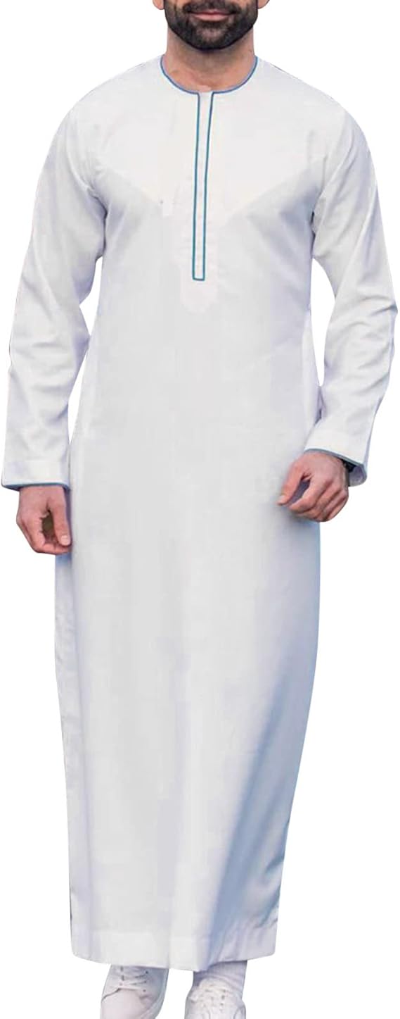 Alalaso Mens Kaftan Thobe Islamic Saudi Arabic Middle East Robes Solid Color Lightweight Long Sleeve Clothing Ramadan Jubbah